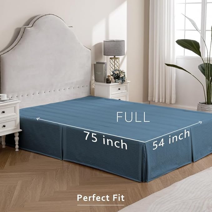 MIYE Pleated Waffle Weave Bed Skirt, Tailored Dust Ruffle 16 Inch Drop Easy Fit, Machine Washable (Blue, Full - 16" Drop)
