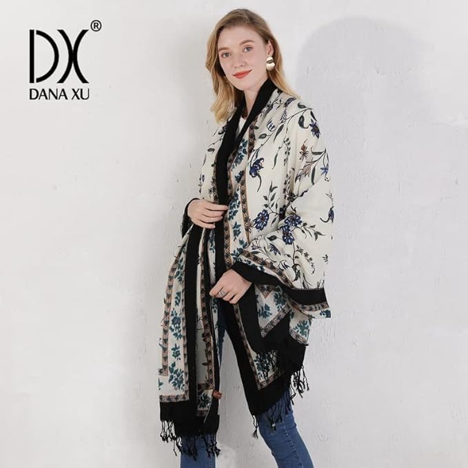 DANA XU 100% Merino Wool Pashmina Shawl for Women 96"x43", Oversized Cashmere Wrap with Tassels, Floral Travel Blanket Cape