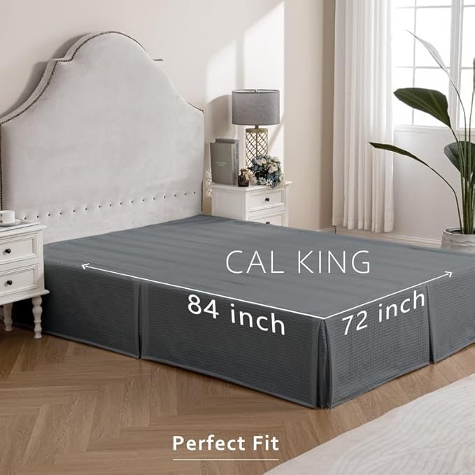 MIYE Pleated Waffle Weave Bed Skirt, Tailored Dust Ruffle 22 Inch Drop Easy Fit, Machine Washable (Dark Grey,Cal King - 22" Drop)
