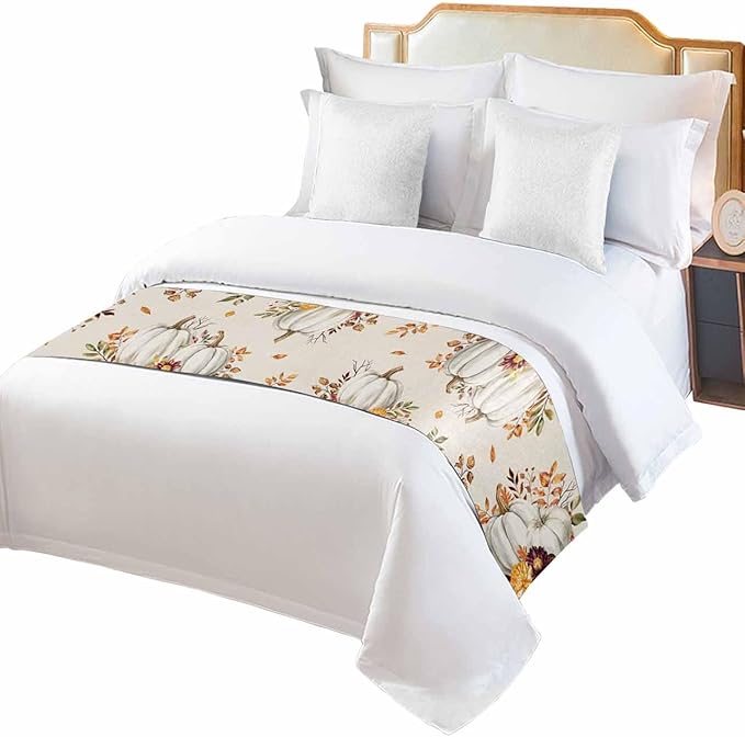 Thanksgiving Pumpkin Fall Maple Leaf Watercolor Bed Runners for Bedroom Hotel,Decorative Bedding Scarf Retro Linen Bed End Blanket Bedding Runner Scarves for Full Size Beds,83x20in
