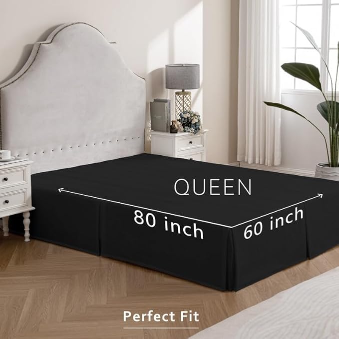 MIYE Pleated Waffle Weave Bed Skirt, Tailored Dust Ruffle 18 Inch Drop Easy Fit, Machine Washable (Black, Queen - 18" Drop)