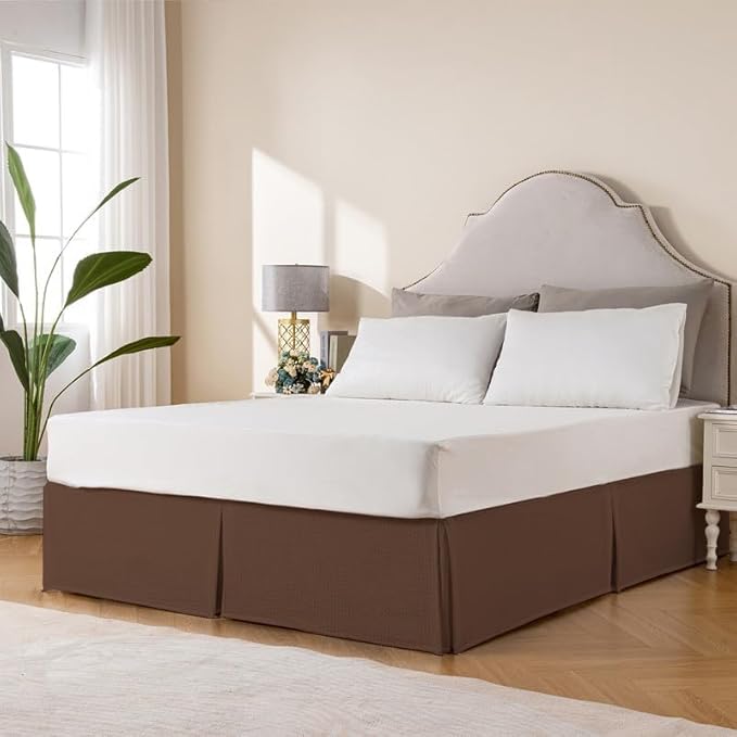 MIYE Pleated Waffle Weave Bed Skirt, Tailored Dust Ruffle 16 Inch Drop Easy Fit, Machine Washable (Brown, Queen - 16" Drop)