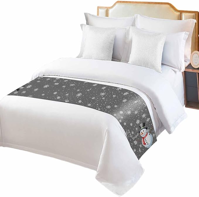 Christmas Snowman Winter Snowflakes Bed Runners for Bedroom Hotel,Decorative Bedding Scarf Gray White Bed End Blanket Bedding Runner Scarves for Twin Size Bed,71x20in