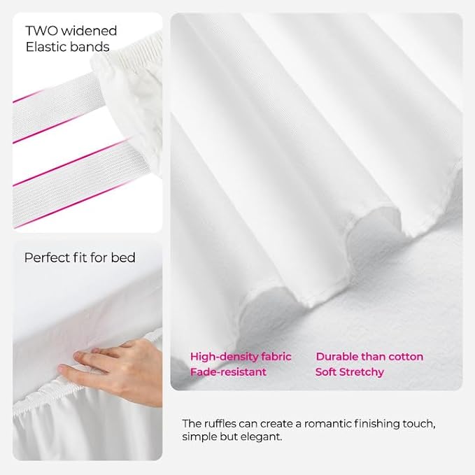 RIMELA White Bed Skirt Queen Size 15 Inch Drop, Elastic Bed Skirting for Bed Base and Frame, Bedding Dust Ruffle Easy to Install, Wrap Around Adjustable Bedskirt