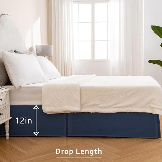 MIYE Pleated Waffle Weave Bed Skirt, Tailored Dust Ruffle 12 Inch Drop Easy Fit, Machine Washable (Navy Blue, Queen - 12" Drop)