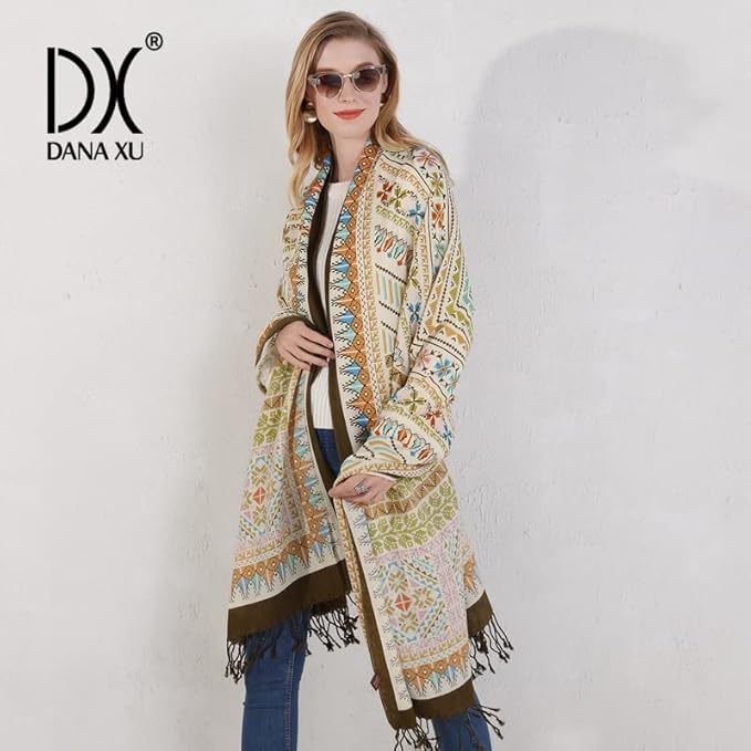 DANA XU 100% Merino Wool Pashmina Shawl for Women 96"x43", Oversized Cashmere Wrap with Tassels, Floral Travel Blanket Cape