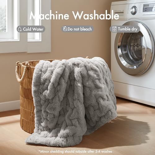 Madison Park Ruched Fur Luxury Throw Premium Soft Cozy Brushed Long Faux Fur For Bed, Couch or Sofa , 50x60" , Grey