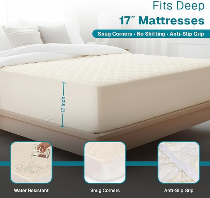 FABDREAMS Organic Quilted Mattress Protector King Size | Mattress Pad | Mattress Cover| Naturally Breathable | Noiseless| Fits up to 17" Deep Pockets| Temperature Regulating | Ivory