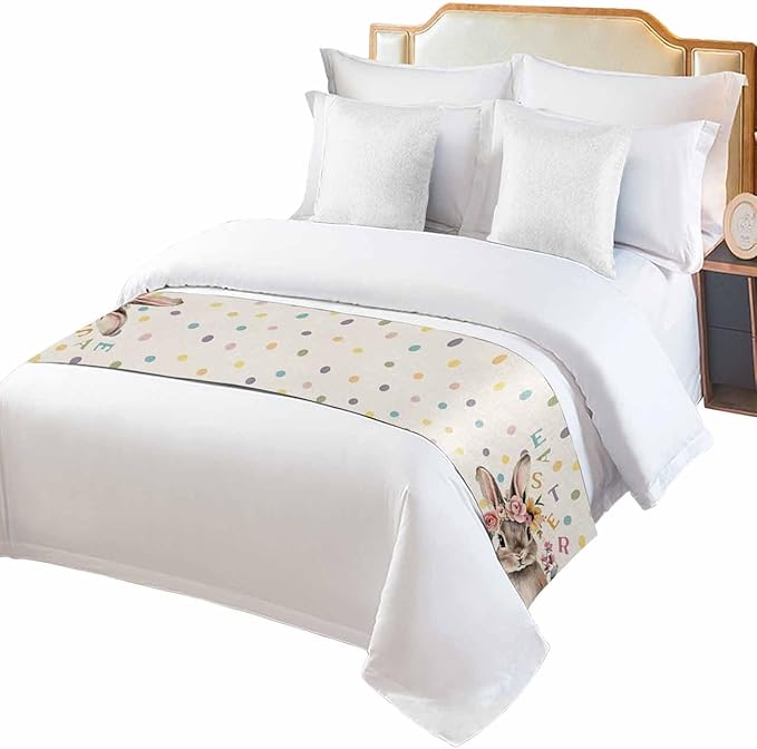 Spring Easter Farm Rabbit Flower Bed Runners for Bedroom Hotel,Decorative Bedding Scarf Colorful Quote Dot on Linen Bed End Blanket Bedding Runner Scarves for King Size Bed,102x20in