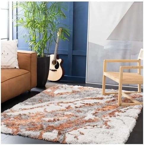 SAFAVIEH Horizon Shag Collection Area Rug - 6'7" Square, Grey & Rust, Modern Abstract Design, Non-Shedding & Easy Care, 2-inch Thick Ideal for High Traffic Areas in Living Room, Bedroom (HZN890P)