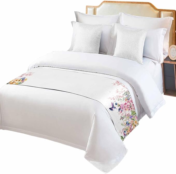 Blossom Floral Hummingbird Bed Runners for Bedroom Hotel,Decorative Bedding Scarf Butterfly Blossom Flower Plant Bed End Blanket Bedding Runner Scarves for Twin Size Bed,71x20in