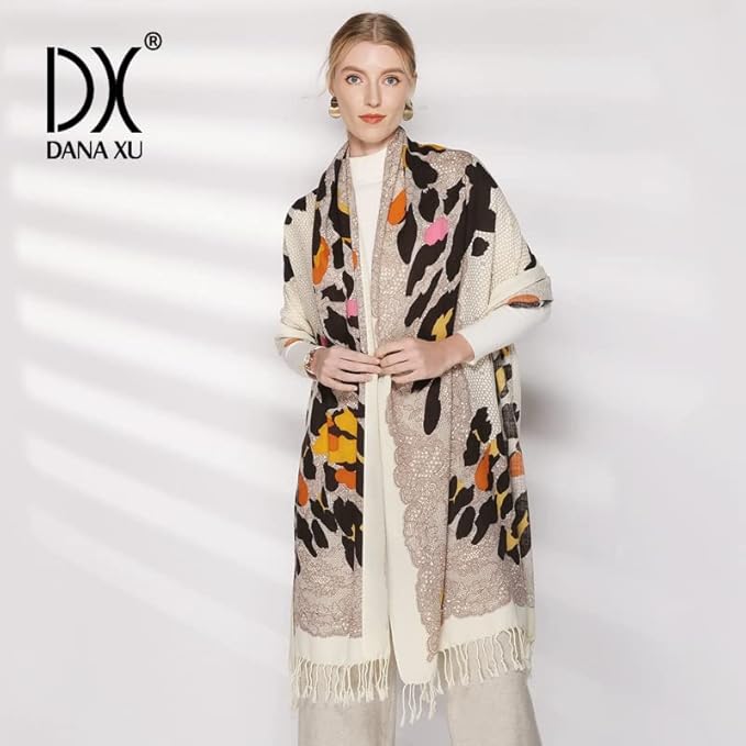 DANA XU 100% Merino Wool Pashmina Shawl for Women 96"x43", Oversized Cashmere Wrap with Tassels, Floral Travel Blanket Cape