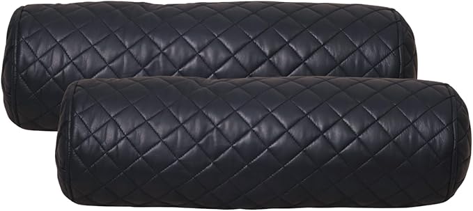 Neck Roll Pillow Cushion Cover, 22x7 Inch Full Moon Round Bolster Pillow Case, Cylinder Soft Lambskin Leather Pillowcase for Head, Spine & Neck Support During Sleep - Quilted Gun Metal Blue Pack of 2