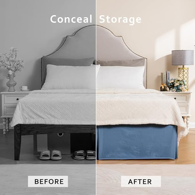 MIYE Pleated Waffle Weave Bed Skirt, Tailored Dust Ruffle 16 Inch Drop Easy Fit, Machine Washable (Blue, Queen - 16" Drop)