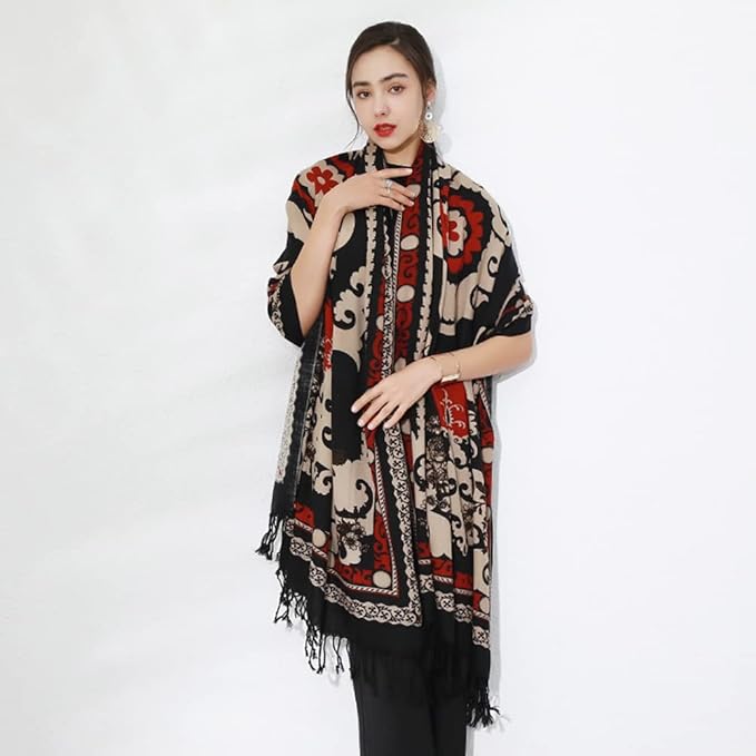 DANA XU 100% Merino Wool Pashmina Shawl for Women 96"x43", Oversized Cashmere Wrap with Tassels, Floral Travel Blanket Cape