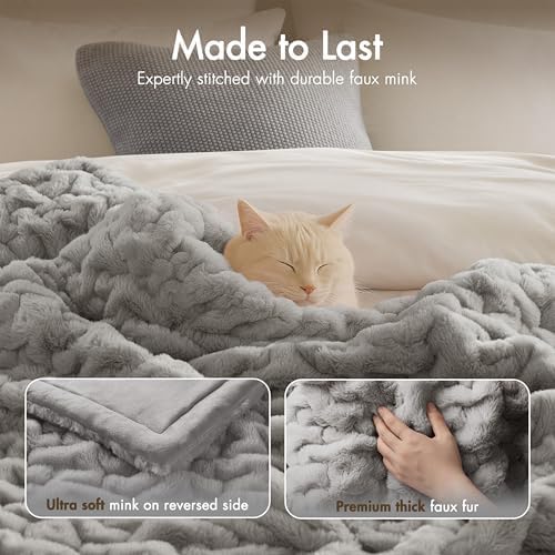 Madison Park Ruched Fur Luxury Throw Premium Soft Cozy Brushed Long Faux Fur For Bed, Couch or Sofa , 50x60" , Grey