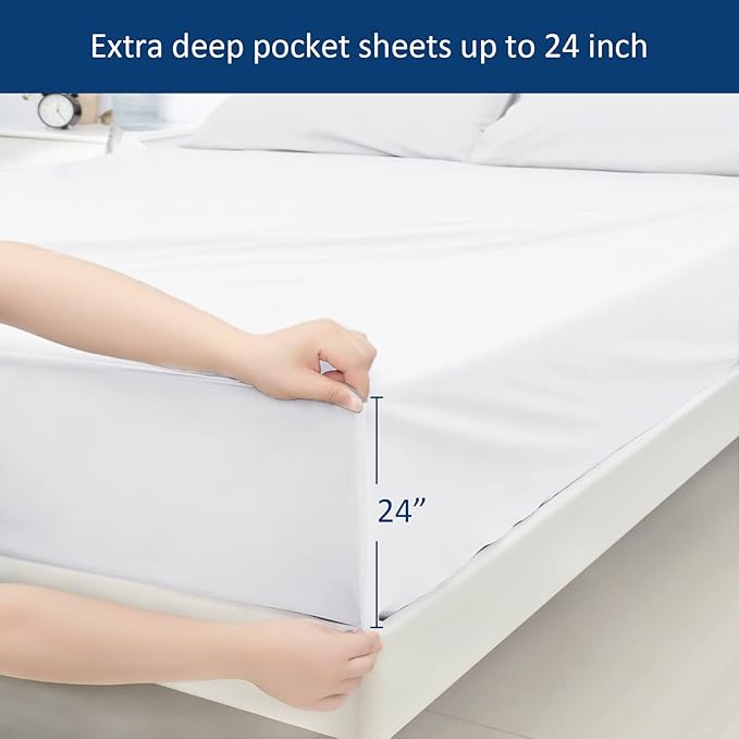 Moonsea Extra Deep Pocket Air Mattress King Sheet Set - 3Pcs Side Storage Pocket Fitted Sheet & Pillowcase King Size Deep Pocket Sheet Set Easily Fits 16in to 24in Pillow Top Air Bed Mattress-White