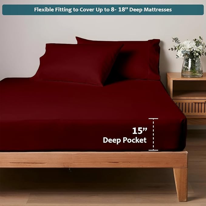 Full Size Bed Sheets Set - Luxury 338 Thread Count 100% Egyptian Cotton Sateen, Cooling Sheets, Deep Pockets with All Around Elastic for a, Hotel Quality Bedding Set (Burgundy Solid)