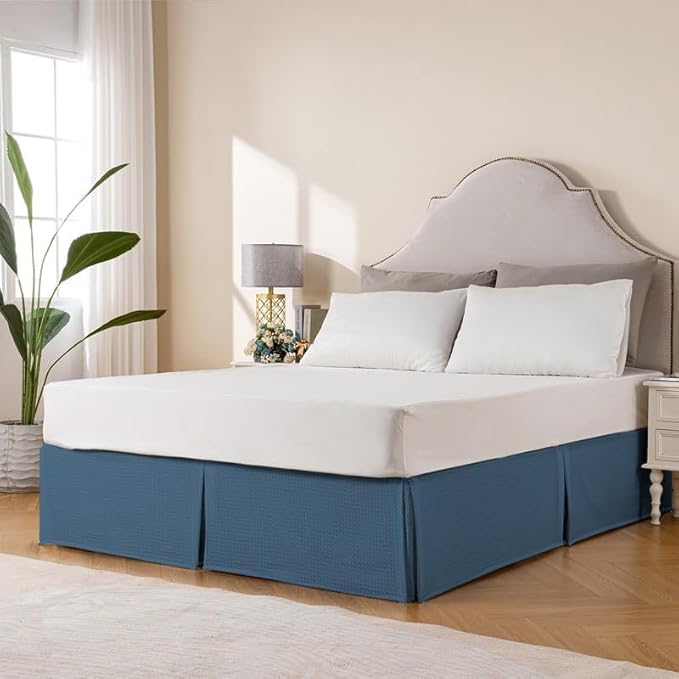 MIYE Pleated Waffle Weave Bed Skirt, Tailored Dust Ruffle 14 Inch Drop Easy Fit, Machine Washable (Blue, Queen - 14" Drop)