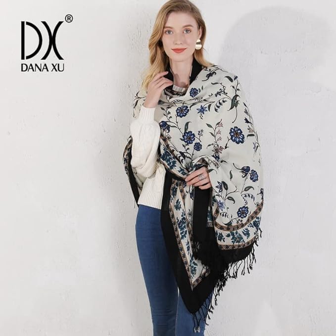 DANA XU 100% Merino Wool Pashmina Shawl for Women 96"x43", Oversized Cashmere Wrap with Tassels, Floral Travel Blanket Cape