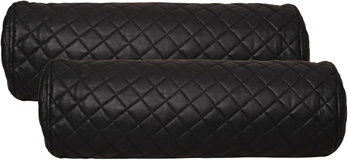 Neck Roll Pillow Cushion Cover, 20x5 Inch Full Moon Round Bolster Pillow Case, Cylinder Soft Lambskin Leather Pillowcase for Head, Spine & Neck Support During Sleep - Quilted Black Pack of 2
