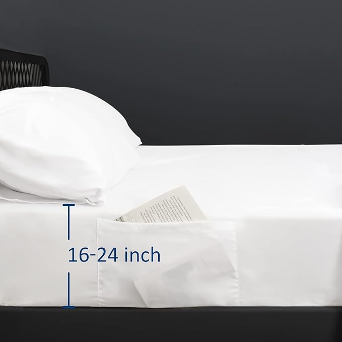Moonsea Extra Deep Pocket Air Mattress King Sheet Set - 3Pcs Side Storage Pocket Fitted Sheet & Pillowcase King Size Deep Pocket Sheet Set Easily Fits 16in to 24in Pillow Top Air Bed Mattress-White