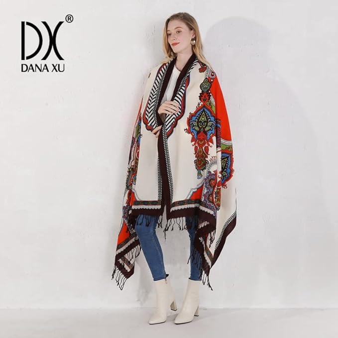 DANA XU 100% Merino Wool Extra Large Pashmina Blanket Travel Scarf Cashmere Wrap for Women Fall Winter Oversize Shawl Floral