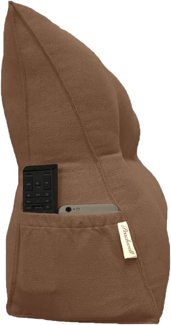 Triangular Reading Bed Rest Pillow Large Bolster Cushion Headboard Backrest Wedge Pillow with Removable Cover and Two Large Side Pockets (Brown, Queen: 59 x 8 x 20 inches)