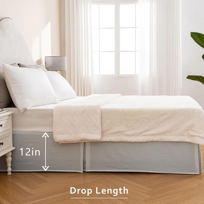 MIYE Pleated Waffle Weave Bed Skirt, Tailored Dust Ruffle 12 Inch Drop Easy Fit, Machine Washable (Light Grey, Twin - 12" Drop)