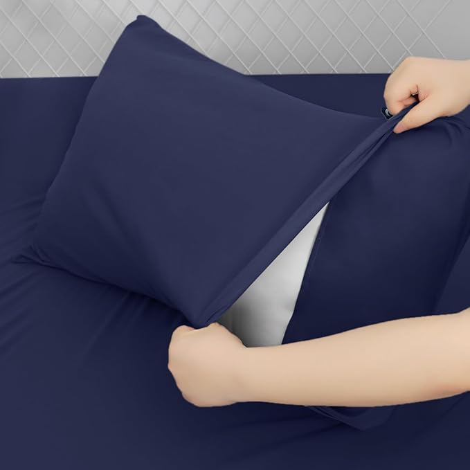 Moonsea King Size Sheets Set for Air Mattress - Deep Pocket King Sheet Set - 3Pcs Side Storage Pocket Fitted Sheet & Pillowcases Easily Fits 16in to 24in Pillow Top Air Bed Mattress - Navy Blue