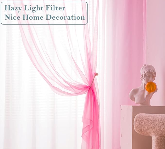 PI Pink Sheer Curtains 84 Inches Length with Grommet,Light Voile Textured,See Through Window Draperies for Kids Room/Party 2 Panels (W52 X L84, Bright Pink)
