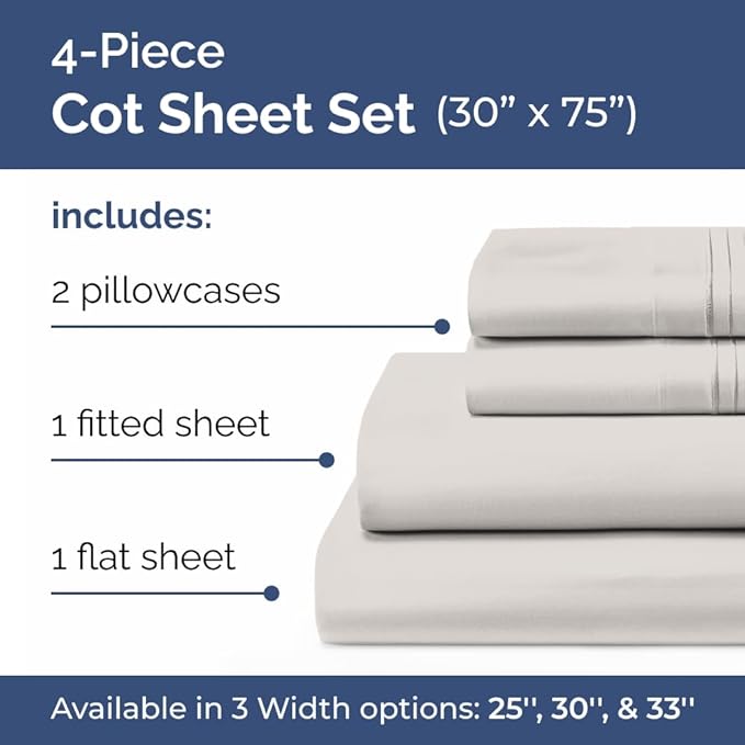 Cot Sheet Set 30” x 75” – 4 Piece Cot Size Narrow Twin Mattress Sheets – Ideal for Camper Bunk, RVs, Bunks, Day Care & Camping - Fits 6” to 10” Mattress, Ultra-Soft, Breathable & Cooling - Light Grey