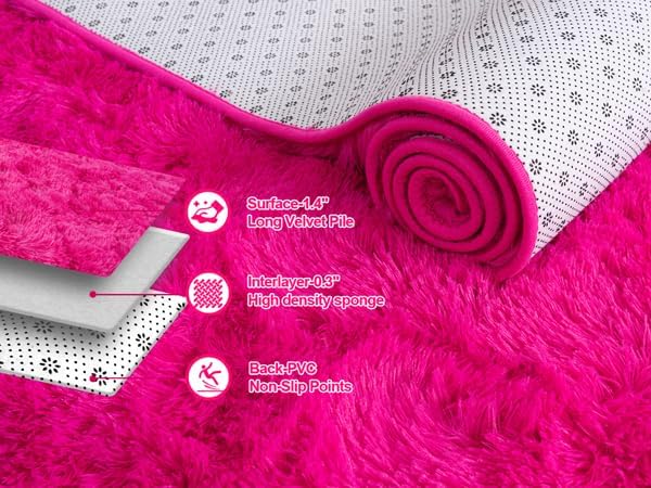 Fluffy Rugs for Living Room, Soft Shaggy for Bedrooms, Hot Pink Area Rug for Bedroom, Cozy Fuzzy Carpet for Kids, Perfect Indoor Decor for Boys and Girls 5x7 Feet