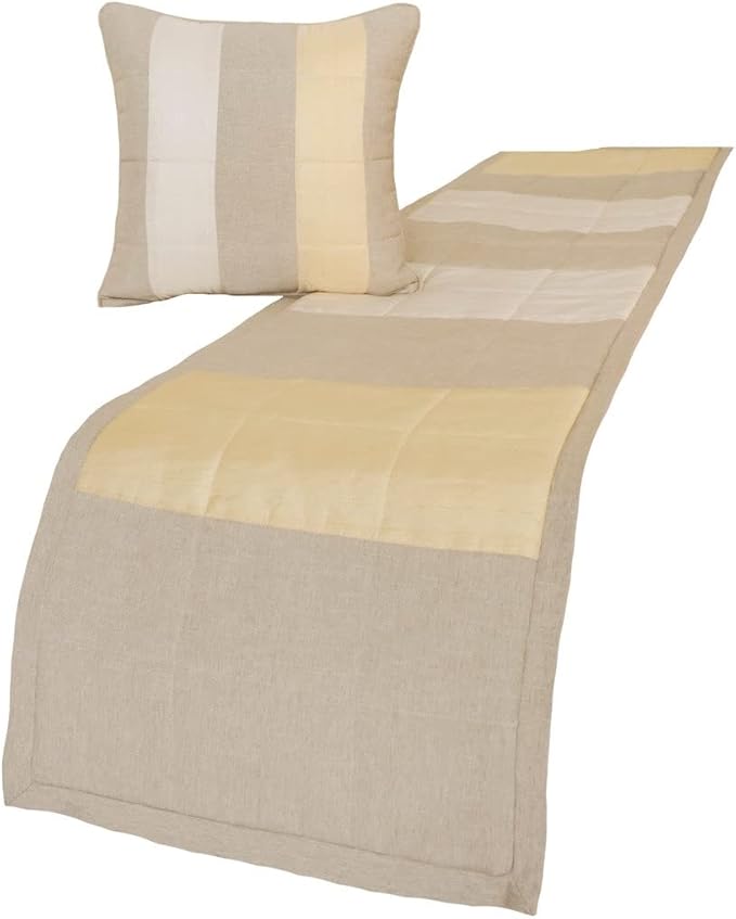 The HomeCentric King/Queen/Twin Beige Decorative Twin 53"x18" Bed Runner with 2 Pillow Cover, Color Block, Patchwork, Quilted, Silk, Linen & Striped Bed Scarf on Linen & Silk Fabric - Alikka