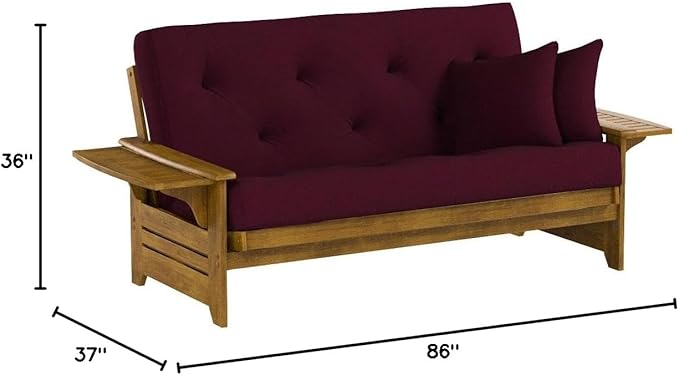 Nirvana Futons Brentwood Tray Arm Futon Sofabed Set - Queen Frame, 8" Burgundy Mattress, Rich Heritage Finish