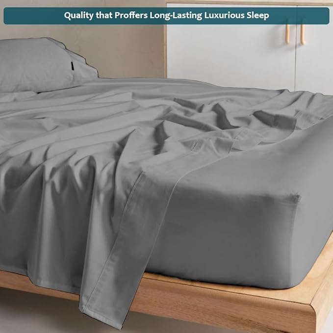 Olympic Queen Sheet Set – 100% Egyptian Cotton, 338 Thread Count – 4-Piece Luxury Super Queen Sheets – Soft & Breathable – 16” Deep Pocket Fitted Sheet, 1 Flat Sheet, 2 Pillowcases (Light Grey Solid)