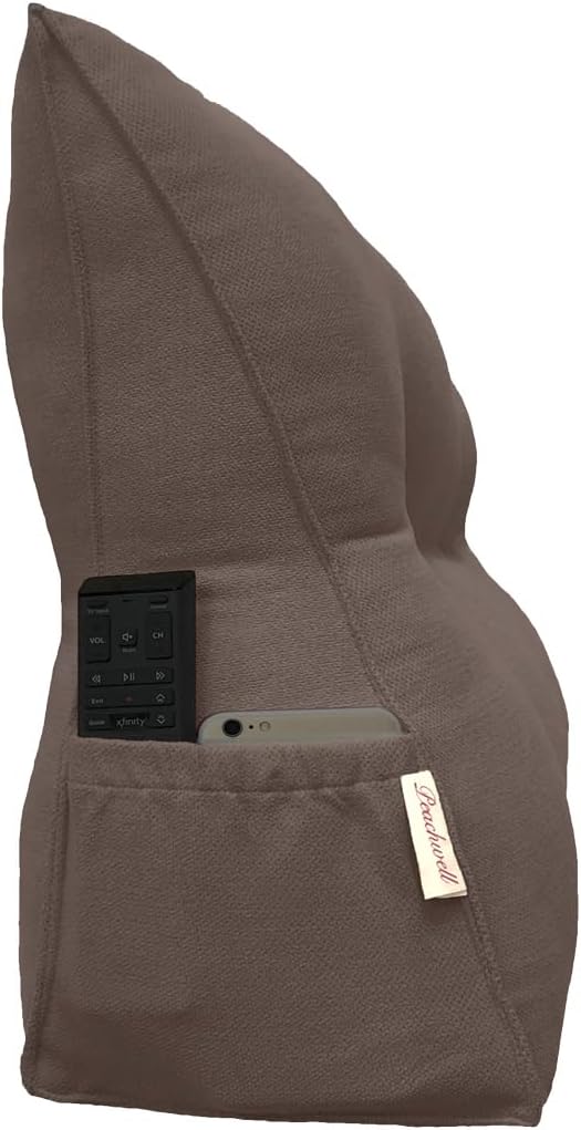 Triangular Reading Bed Rest Pillow Large Bolster Cushion Headboard Backrest Wedge Pillow with Removable Cover and Two Large Side Pockets (Cedar Brown, Queen: 59 x 8 x 20 inches)