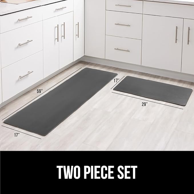 GORILLA GRIP 2 Pack Comfortable Cushioned Kitchen Mats for Floor, 17x29 + 17x59, Waterproof, Stain Resistant, 1/2 Inch Thick Soft Ergonomic Standing Desk Anti Fatigue Mat, Foam Supports Feet, Charcoal