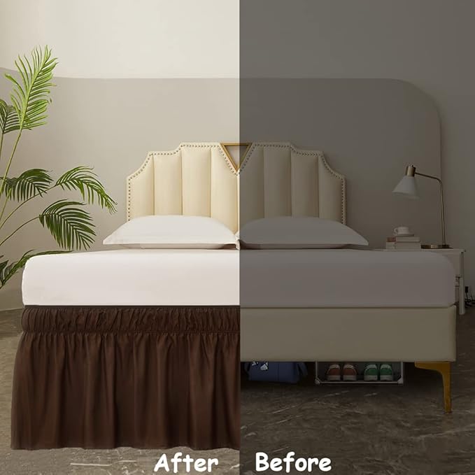 MEILA Wrap Around Bed Skirt Three Fabric Sides Elastic Dust Ruffled 18 Inch Tailored Drop,Easy to Install Fade Resistant-Brown, Twin/Full