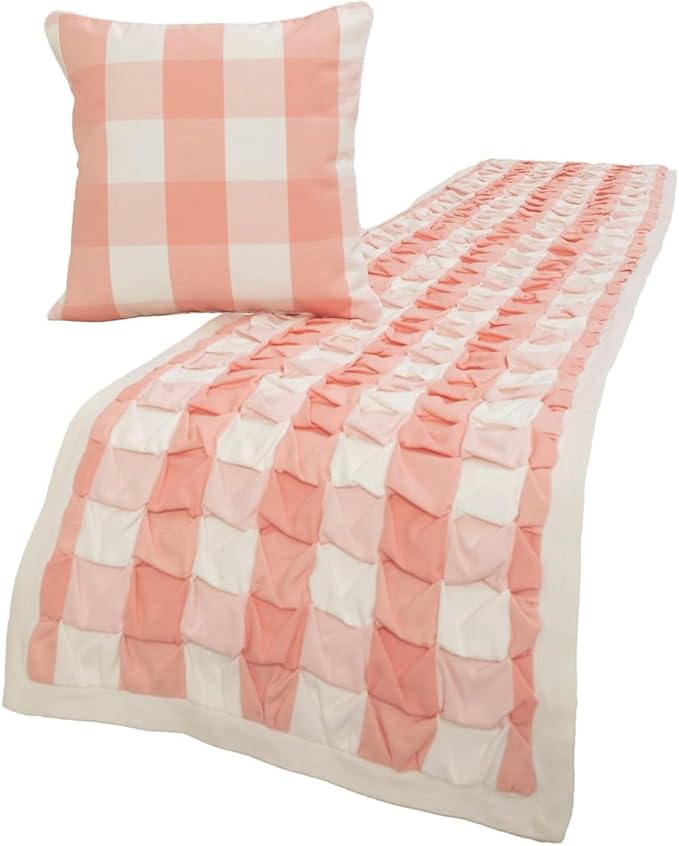 The HomeCentric King/Queen/Twin Peach Pink Decorative Queen 74"x18" Bed Runner Without Pillow Cover, Textured & Buffalo Checks Bed Scarf on Cotton Fabric - Buffalo Plaid Peach