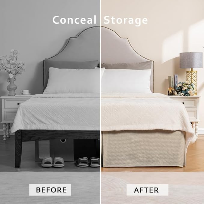 MIYE Pleated Waffle Weave Bed Skirt, Tailored Dust Ruffle 18 Inch Drop Easy Fit, Machine Washable,No Split Corners (Beige, Queen - 18" Drop)