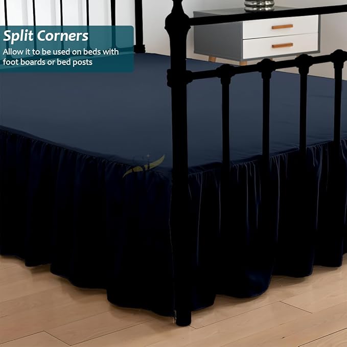 Shreem Linen Ruffled Bed Skirt with Split Corners, Gathered Style, 100% Microfiber, 30-Inch Drop, Dust Ruffle Bedskirt with Platform, Queen-XL, Navy Blue