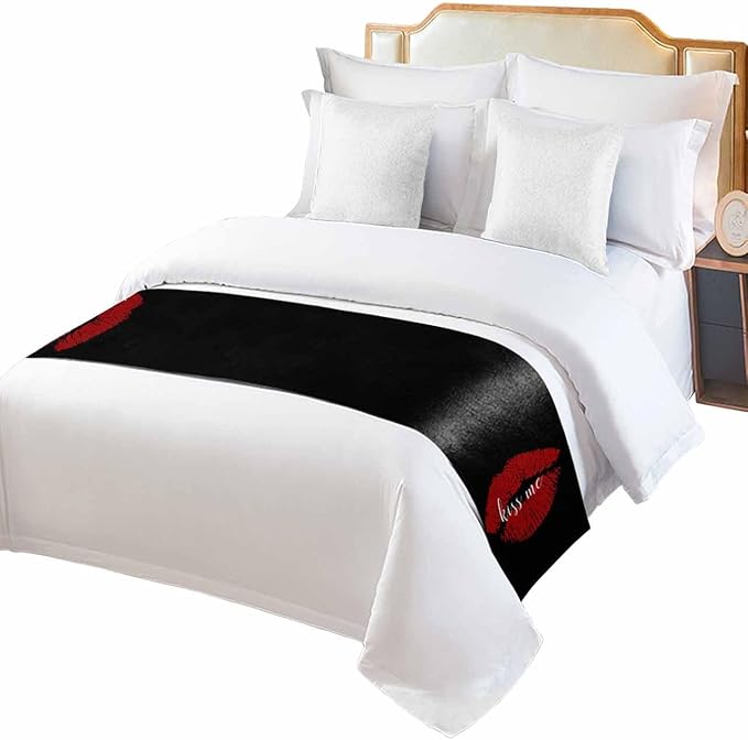 Red Lip Print Kiss Me Bed Runners for Bedroom Hotel,Decorative Bedding Scarf Black Back Bed End Blanket Bedding Runner Scarves for Twin Size Bed,71x20in
