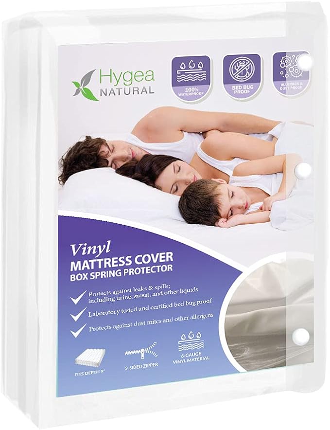 Hygea Natural Twin Size Tear-Free Heavy Duty Vinyl Box Spring and Mattress Cover - Waterproof, Anti-Bed Bug and Allergen-proof, Zippered Encasement - 39” x 80” x 9” Deep - Durable Protection