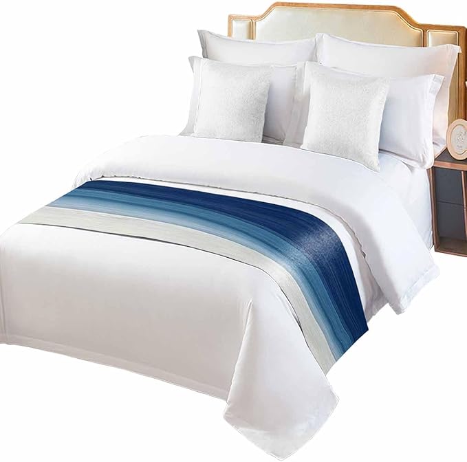 Abstract Navy Blue Ombre Stripe Art Bed Runners for Bedroom Hotel,Decorative Bedding Scarf Modern Color Line Texture Bed End Blanket Bedding Runner Scarves for Queen Size Bed,94x20in
