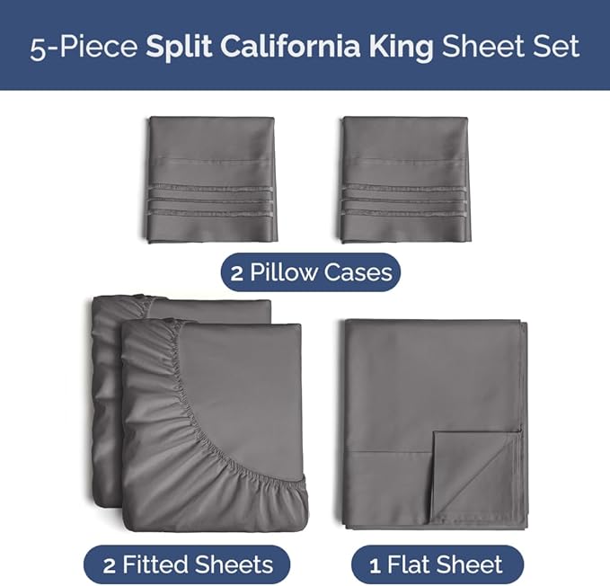 Split California King Bed Sheet Set - 5 Piece Split California King Size Sheets – Ultra-Soft & Wrinkle Free - Fits 8” to 16" Mattress w/ Deep Pockets - Breathable & Cooling Luxury Bedding – Dark Grey