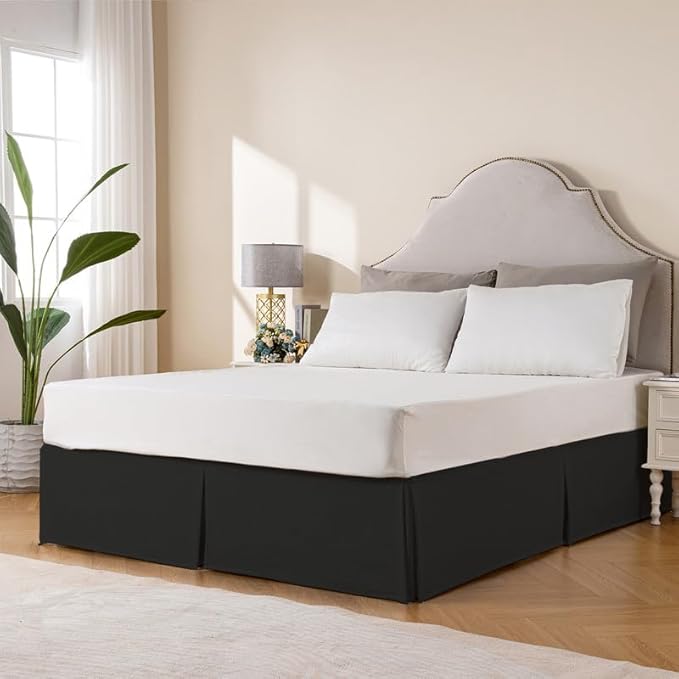 MIYE Pleated Waffle Weave Bed Skirt, Tailored Dust Ruffle 14 Inch Drop Easy Fit, Machine Washable (Black, King - 14" Drop)