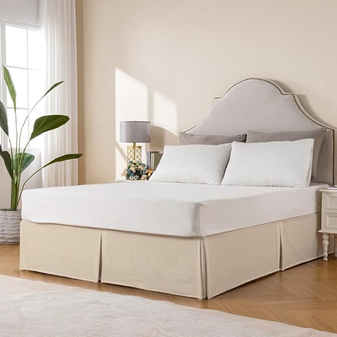 MIYE Pleated Waffle Weave Bed Skirt, Tailored Dust Ruffle 18 Inch Drop Easy Fit, Machine Washable,No Split Corners (Beige, King - 18" Drop)