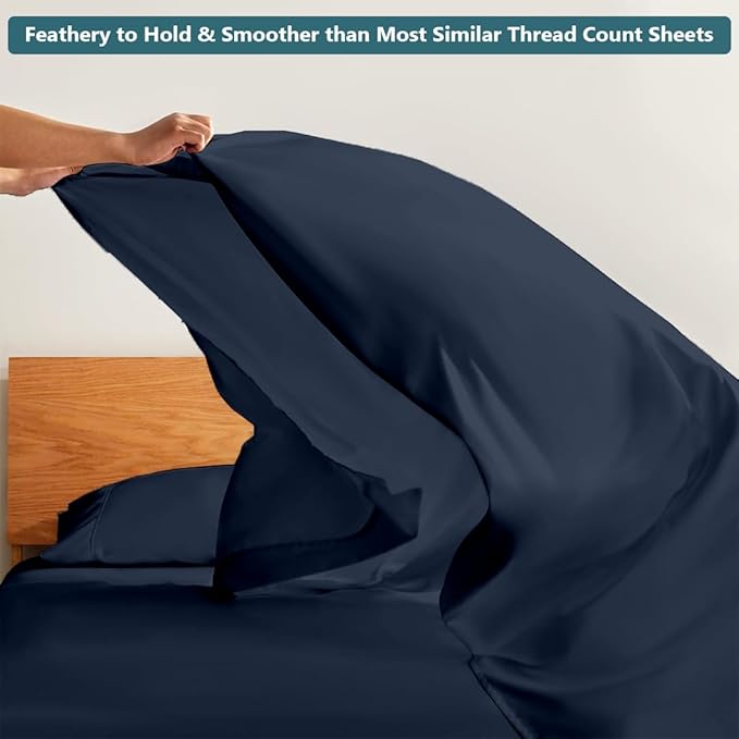 Queen Sheet Set - Luxury 338 Thread Count Sateen, 100% Egyptian Cotton Deep Pocket Queen Sheets with All Around Elastic for a, Hotel Quality Bedding Set (Navy Blue Solid)