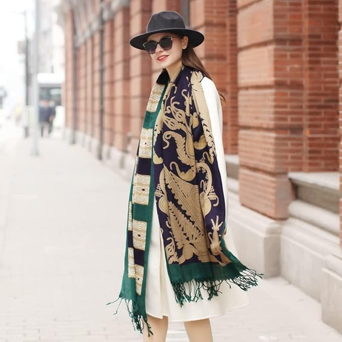 DANA XU 100% Merino Wool Pashmina Shawl for Women 96"x43", Oversized Cashmere Wrap with Tassels, Floral Travel Blanket Cape